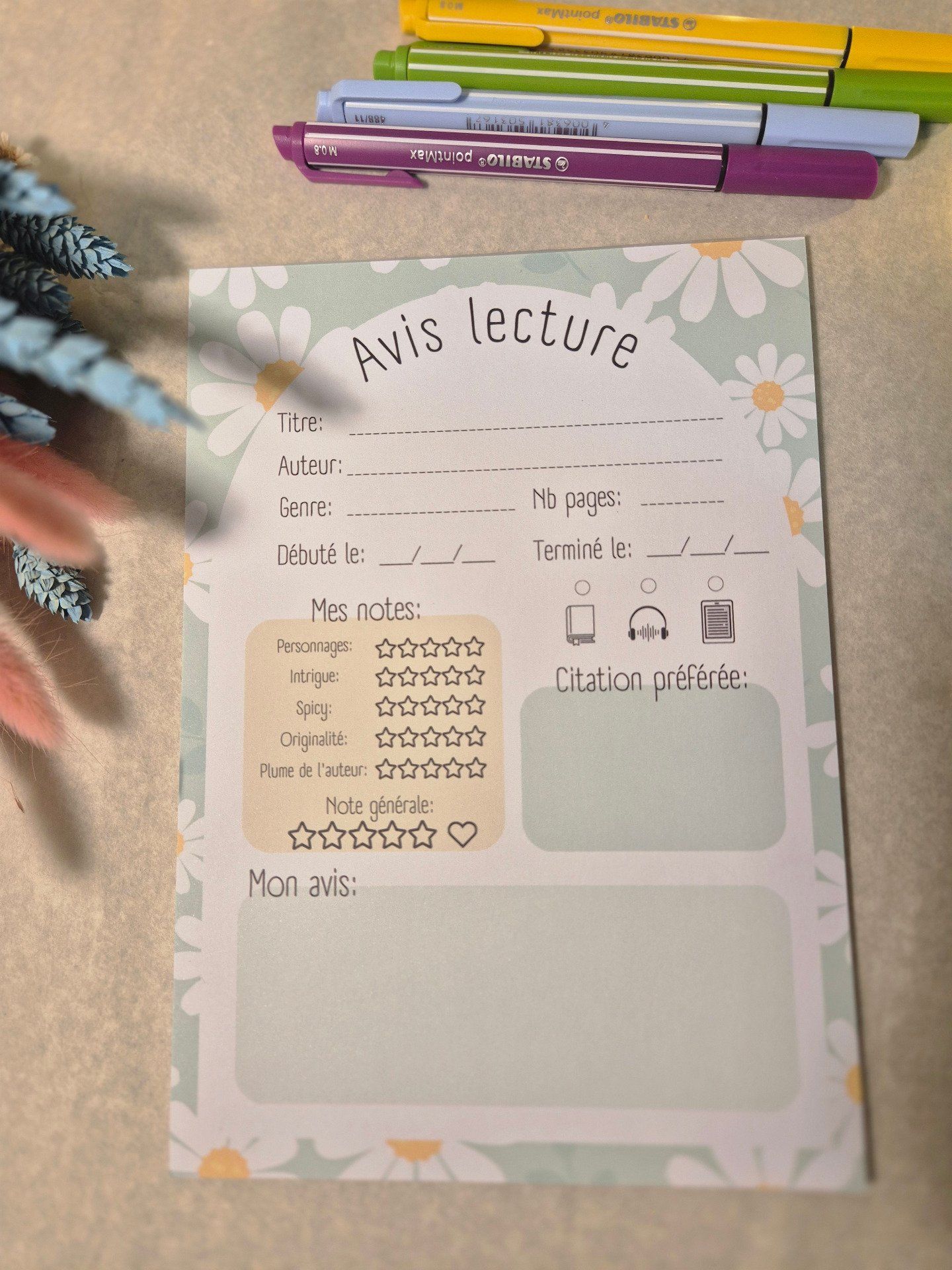 Bloc note "Avis lecture" fleur